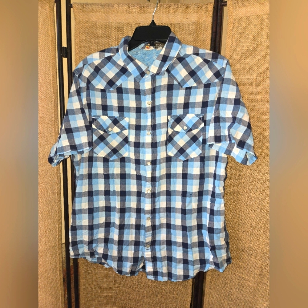 Men's Vintage Hang Ten Blue and White Check Pearl Snap Shirt  Size XXL